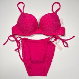 Victoria Secret 32B S SEXY TEE Push Up Bikini Top Bottom Set Textured Pink